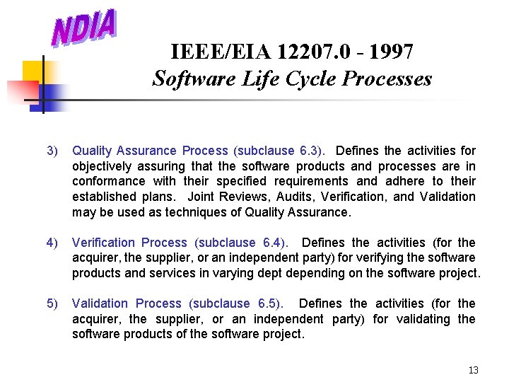 IEEE/EIA 12207. 0 - 1997 Software Life Cycle Processes 3) Quality Assurance Process (subclause