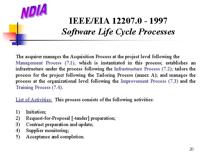 IEEE/EIA 12207. 0 - 1997 Software Life Cycle Processes The acquirer manages the Acquisition