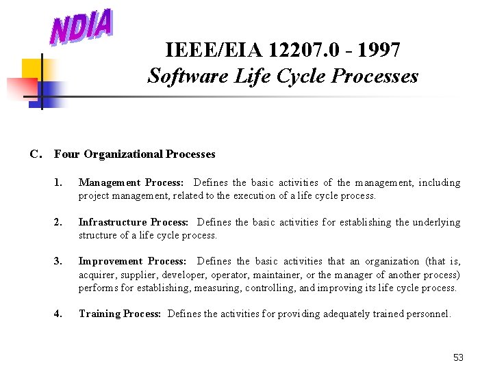 IEEE/EIA 12207. 0 - 1997 Software Life Cycle Processes C. Four Organizational Processes 1.