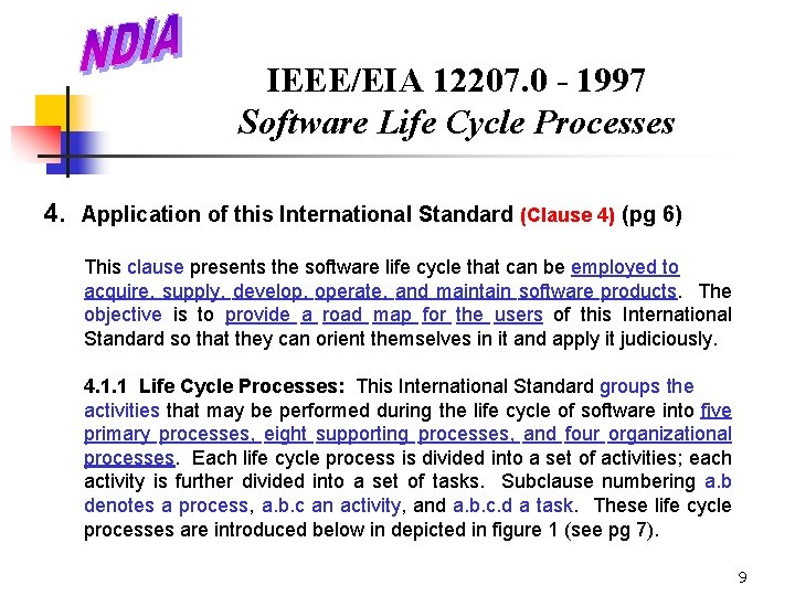IEEE/EIA 12207. 0 - 1997 Software Life Cycle Processes 4. Application of this International