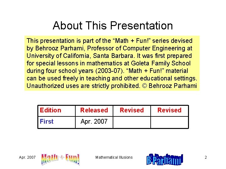 About This Presentation This presentation is part of the “Math + Fun!” series devised