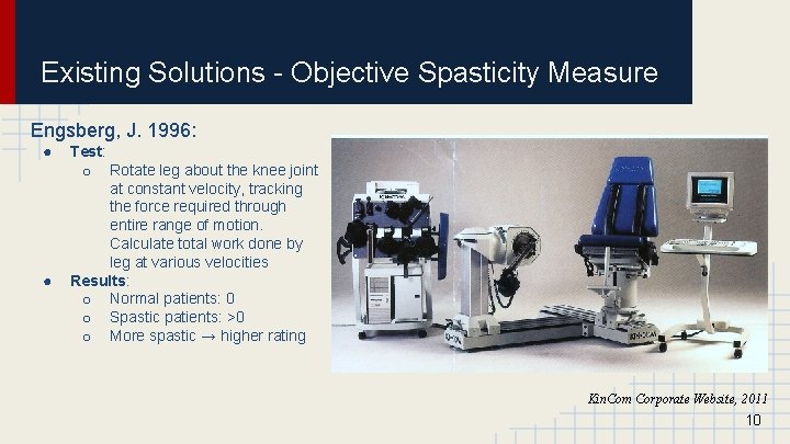 Existing Solutions - Objective Spasticity Measure Engsberg, J. 1996: ● ● Test: o Rotate