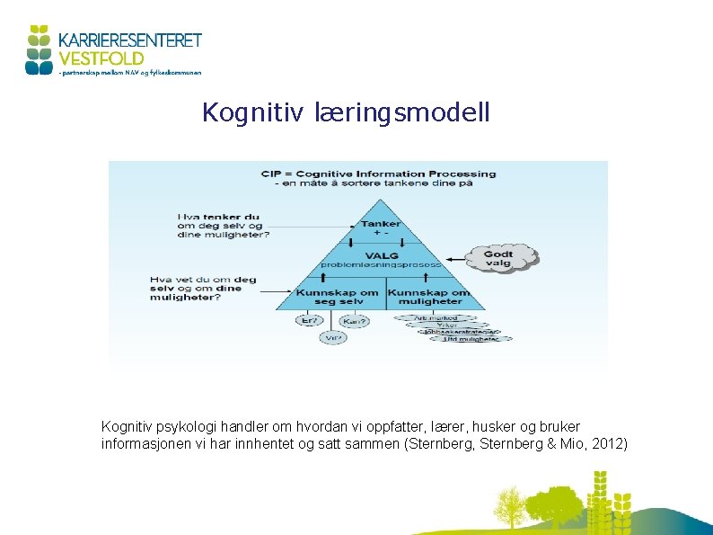 Kognitiv læringsmodell Meg selv Muligheter Kognitiv psykologi handler om hvordan vi oppfatter, lærer, husker