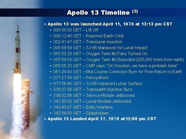 Apollo 13 Timeline (2) • Apollo 13 was launched April 11, 1970 at 13: Apollo 13 Timeline (2) • Apollo 13 was launched April 11, 1970 at 13: