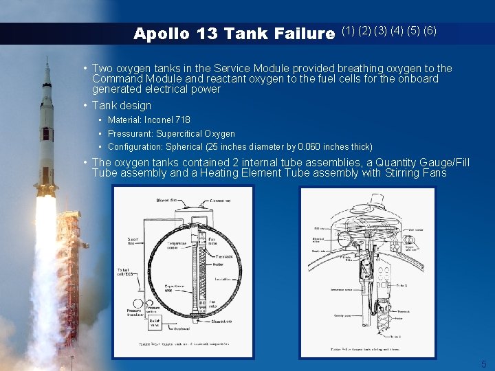 Apollo 13 Tank Failure (1) (2) (3) (4) (5) (6) • Two oxygen tanks Apollo 13 Tank Failure (1) (2) (3) (4) (5) (6) • Two oxygen tanks