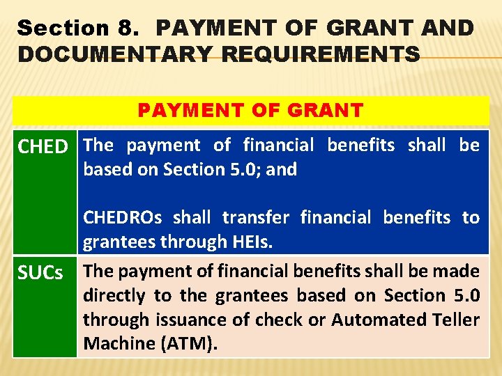 Section 8. PAYMENT OF GRANT AND DOCUMENTARY REQUIREMENTS PAYMENT OF GRANT CHED The payment