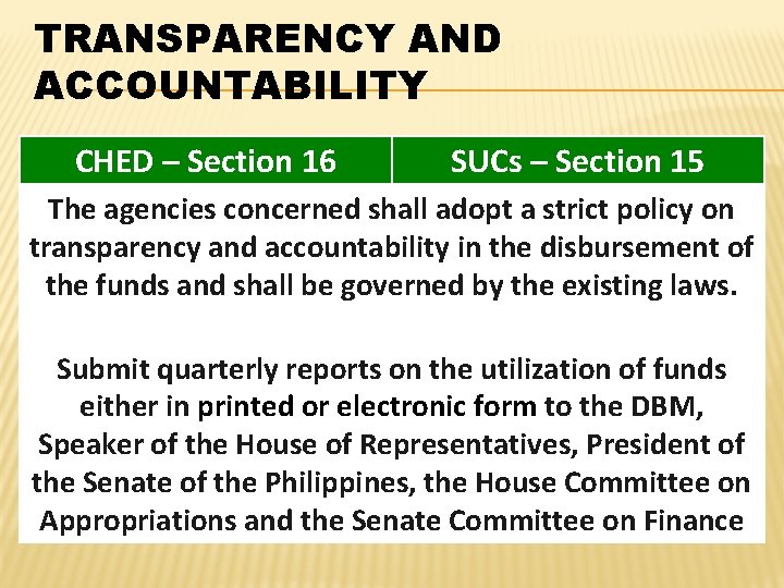 TRANSPARENCY AND ACCOUNTABILITY CHED – Section 16 SUCs – Section 15 The agencies concerned