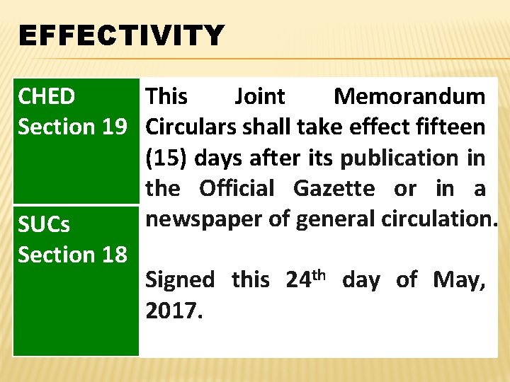 EFFECTIVITY CHED This Joint Memorandum Section 19 Circulars shall take effect fifteen (15) days