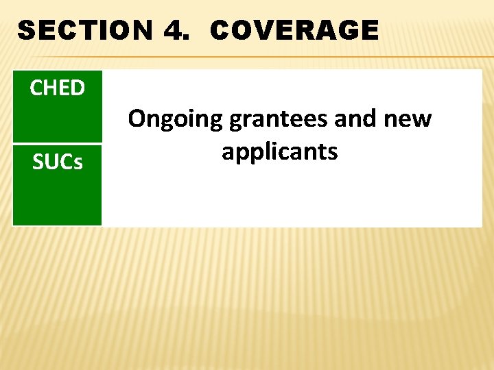 SECTION 4. COVERAGE CHED SUCs Ongoing grantees and new applicants 