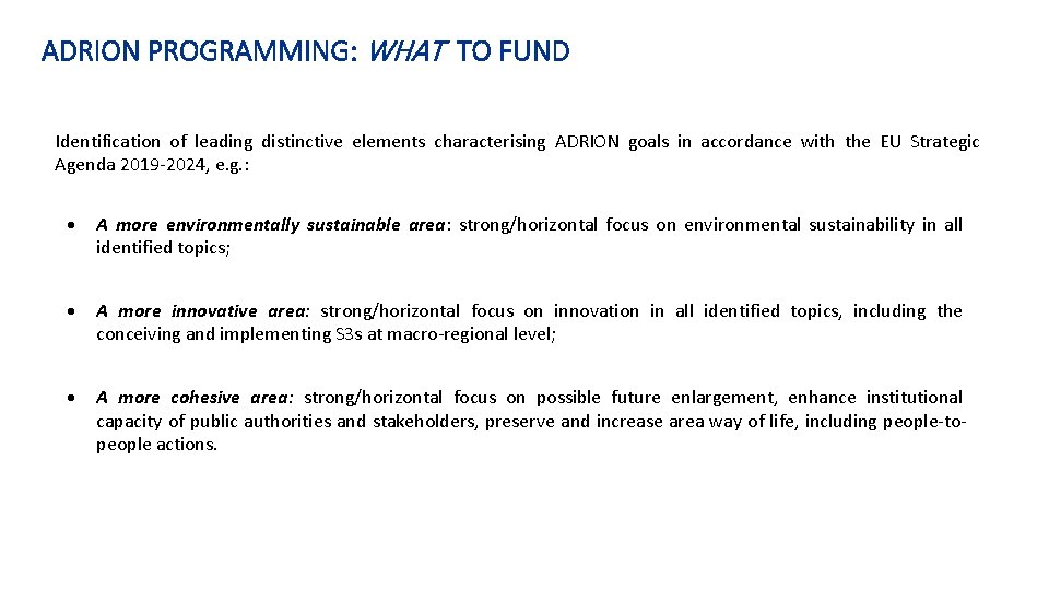 ADRION PROGRAMMING: WHAT TO FUND Identification of leading distinctive elements characterising ADRION goals in