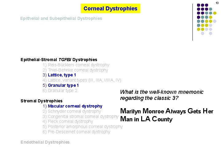 10 Corneal Dystrophies Epithelial and Subepithelial Dystrophies Epithelial-Stromal TGFBI Dystrophies 1) Reis-Bücklers corneal dystrophy