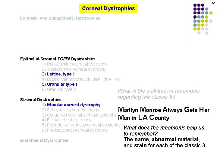 12 Corneal Dystrophies Epithelial and Subepithelial Dystrophies Epithelial-Stromal TGFBI Dystrophies 1) Reis-Bücklers corneal dystrophy