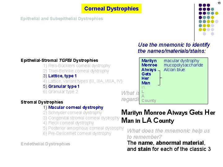 16 Corneal Dystrophies Epithelial and Subepithelial Dystrophies Use the mnemonic to identify the names/materials/stains: