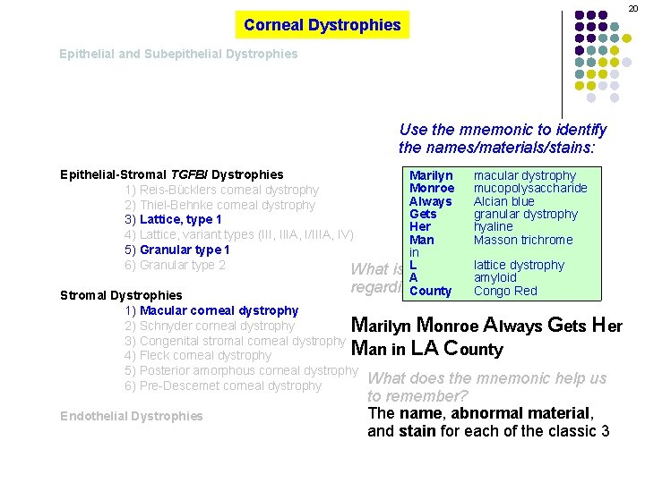 20 Corneal Dystrophies Epithelial and Subepithelial Dystrophies Use the mnemonic to identify the names/materials/stains: