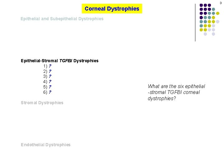 3 Corneal Dystrophies Epithelial and Subepithelial Dystrophies Epithelial-Stromal TGFBI Dystrophies 1) ? 2) ?