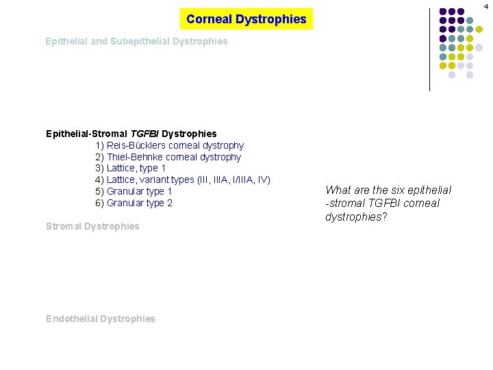 4 Corneal Dystrophies Epithelial and Subepithelial Dystrophies Epithelial-Stromal TGFBI Dystrophies 1) Reis-Bücklers corneal dystrophy