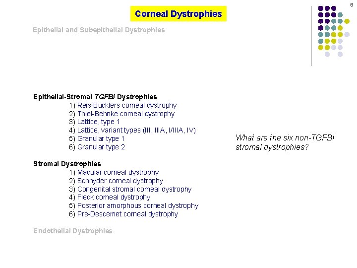 6 Corneal Dystrophies Epithelial and Subepithelial Dystrophies Epithelial-Stromal TGFBI Dystrophies 1) Reis-Bücklers corneal dystrophy