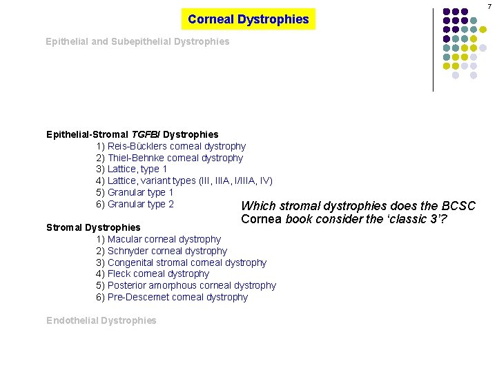 7 Corneal Dystrophies Epithelial and Subepithelial Dystrophies Epithelial-Stromal TGFBI Dystrophies 1) Reis-Bücklers corneal dystrophy