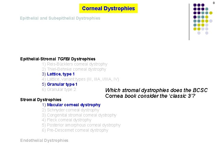 8 Corneal Dystrophies Epithelial and Subepithelial Dystrophies Epithelial-Stromal TGFBI Dystrophies 1) Reis-Bücklers corneal dystrophy