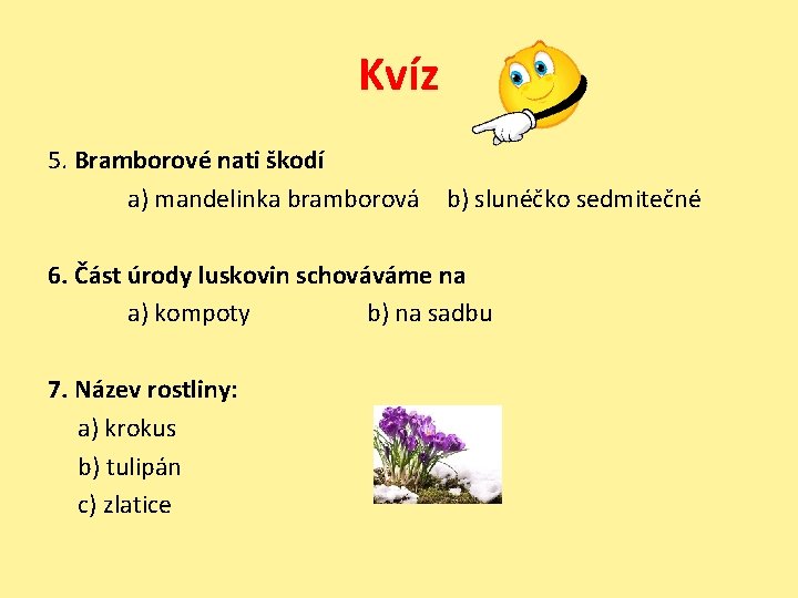 Kvíz 5. Bramborové nati škodí a) mandelinka bramborová b) slunéčko sedmitečné 6. Část úrody