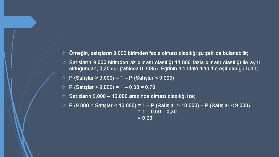  Örneğin, satışların 9. 000 birimden fazla olması olasılığı şu şekilde bulanabilir; Satışların 9.