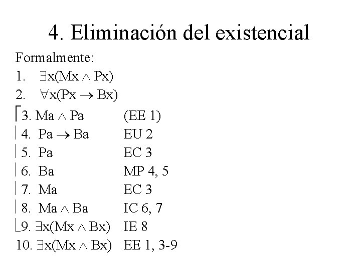 4. Eliminación del existencial Formalmente: 1. x(Mx Px) 2. x(Px Bx) 3. Ma Pa