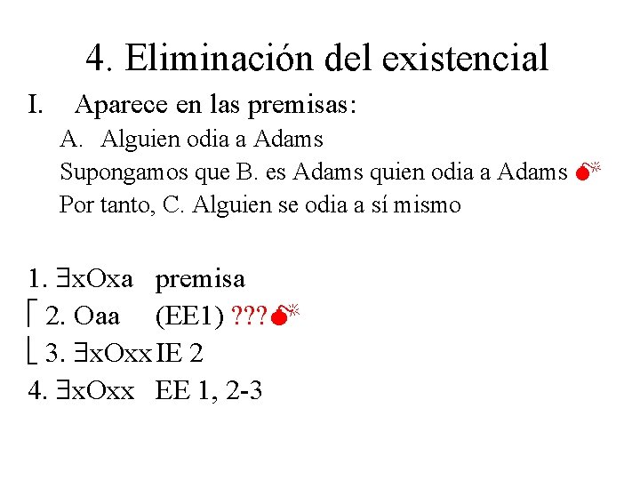 4. Eliminación del existencial I. Aparece en las premisas: A. Alguien odia a Adams