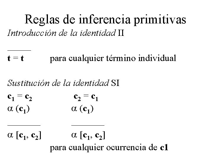 Reglas de inferencia primitivas Introducción de la identidad II _____ t=t para cualquier término