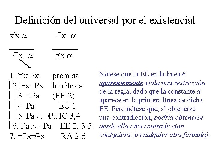 Definición del universal por el existencial x ______ ¬ x¬ ______ x 1. x
