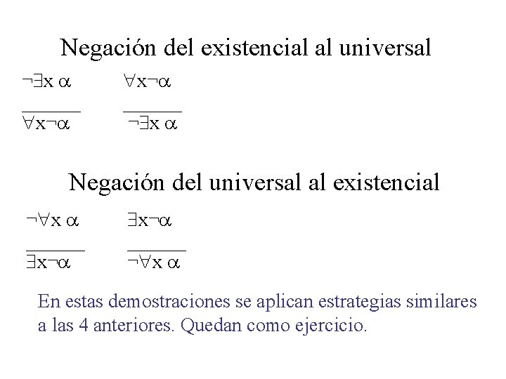 Negación del existencial al universal ¬ x ______ x¬ ______ ¬ x Negación del