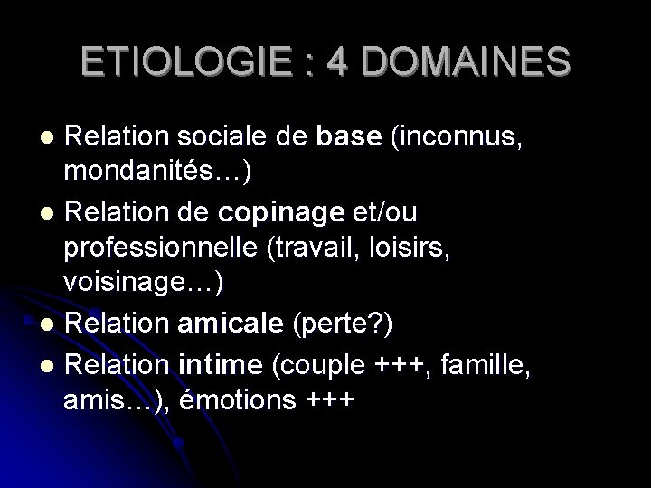 ETIOLOGIE : 4 DOMAINES Relation sociale de base (inconnus, mondanités…) l Relation de copinage