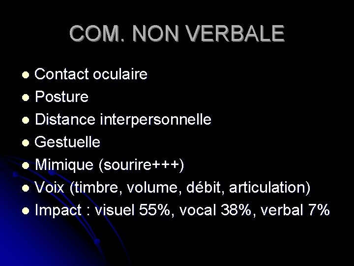 COM. NON VERBALE Contact oculaire l Posture l Distance interpersonnelle l Gestuelle l Mimique