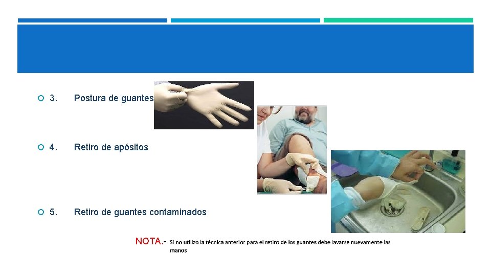  3. Postura de guantes 4. Retiro de apósitos 5. Retiro de guantes contaminados