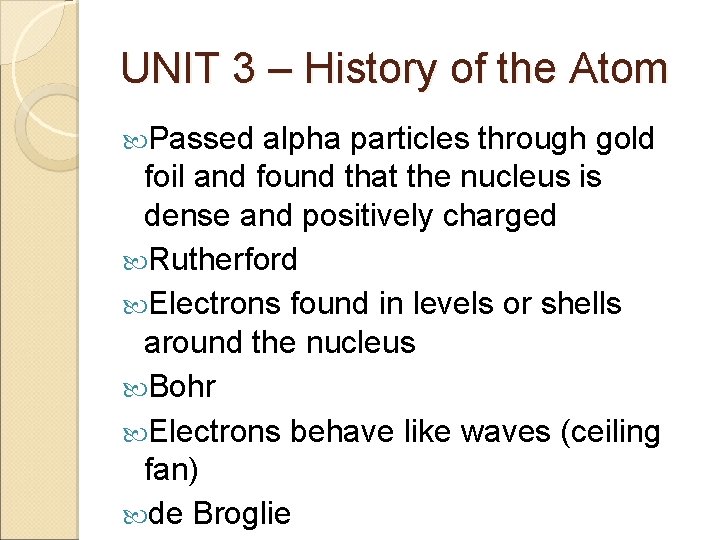 UNIT 3 – History of the Atom Passed alpha particles through gold foil and