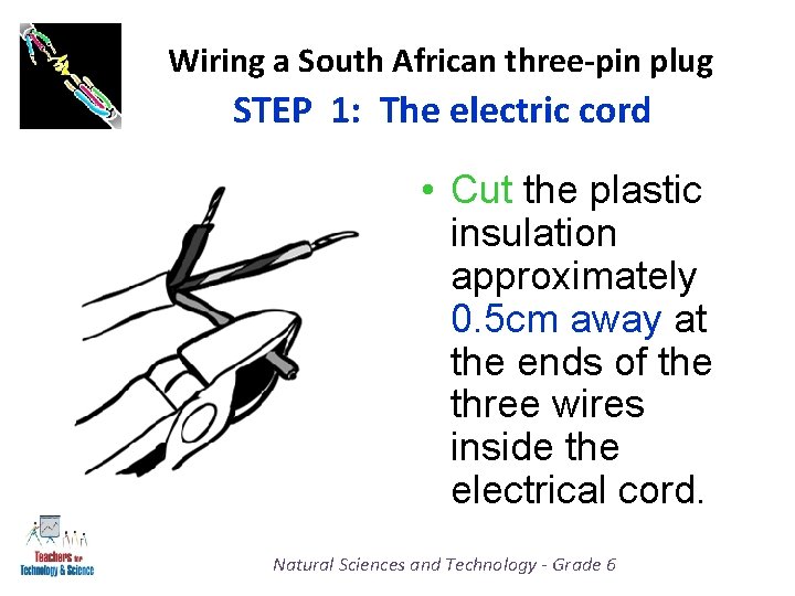 Wiring a South African three-pin plug STEP 1: The electric cord • Cut the