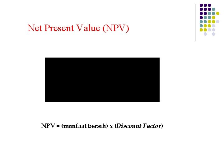 Net Present Value (NPV) NPV = (manfaat bersih) x (Discount Factor) 