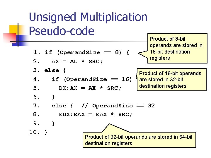 Unsigned Multiplication Pseudo-code Product of 8 -bit 1. if (Operand. Size == 8) {