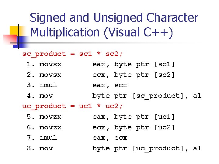 Signed and Unsigned Character Multiplication (Visual C++) sc_product = sc 1 * sc 2;