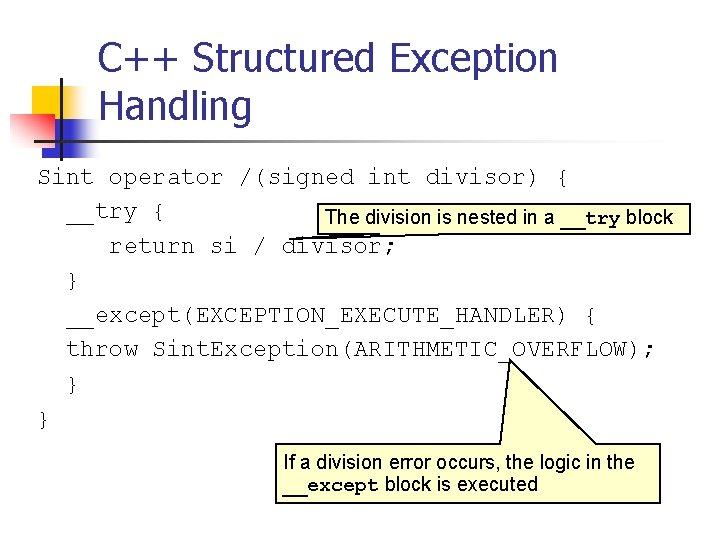 C++ Structured Exception Handling Sint operator /(signed int divisor) { __try { The division