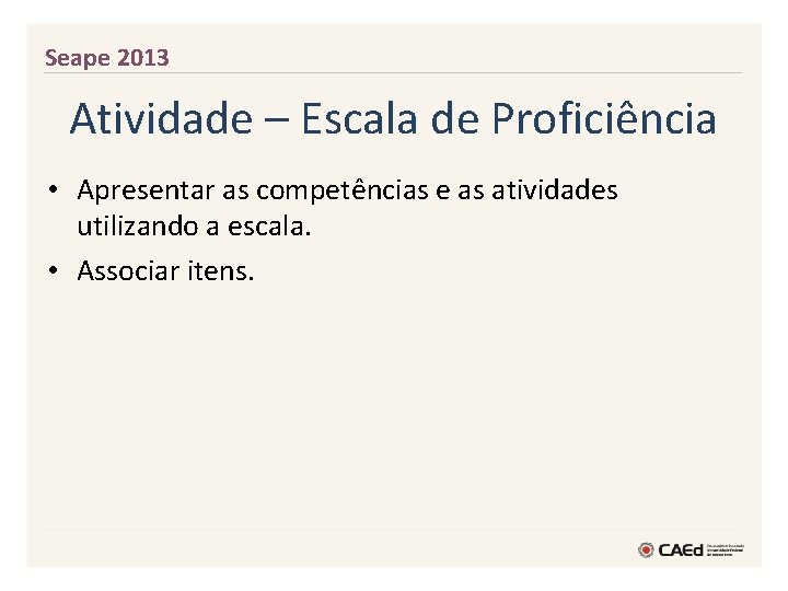 Seape 2013 Atividade – Escala de Proficiência • Apresentar as competências e as atividades