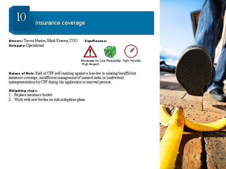 10 Insurance coverage Owners: Trevor Hunter, Category: Operational Mark Keavey, COO Significance: Moderate-to- Low