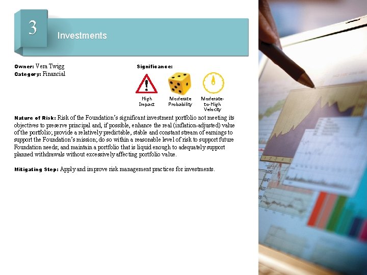 3 Investments Owner: Vera Twigg Category: Financial Significance: High Impact Moderate Probability Moderateto-High Velocity