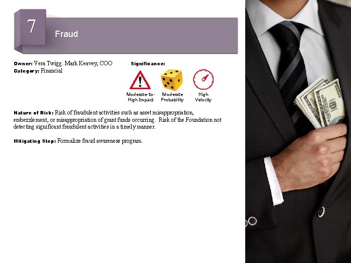 7 Fraud Owner: Vera Twigg. Category: Financial Mark Keavey, COO Significance: Moderate-to. High Impact