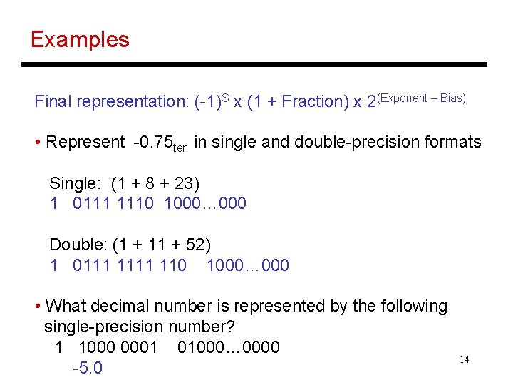 Examples Final representation: (-1)S x (1 + Fraction) x 2(Exponent – Bias) • Represent