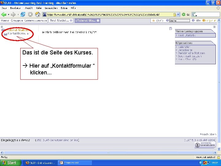 Das ist die Seite des Kurses. Hier auf „Kontaktformular “ klicken. . . 