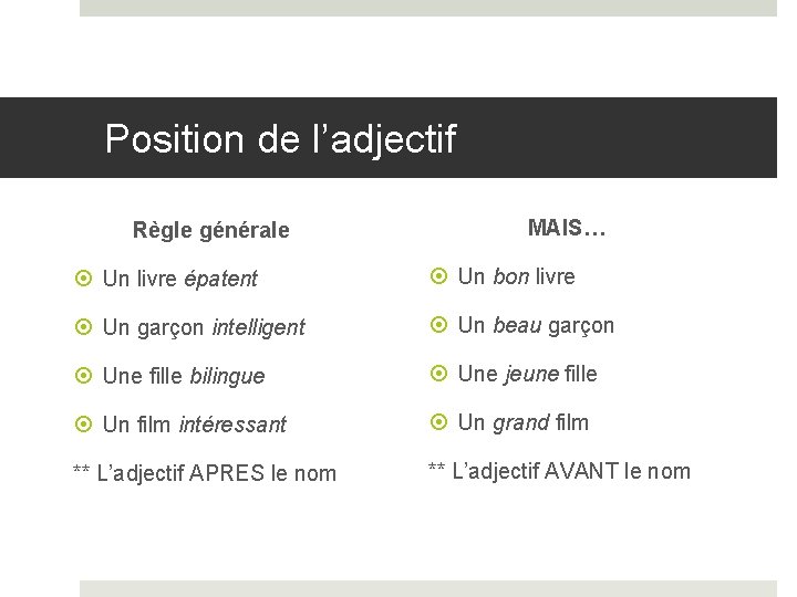 Position de l’adjectif Règle générale MAIS… Un livre épatent Un bon livre Un garçon