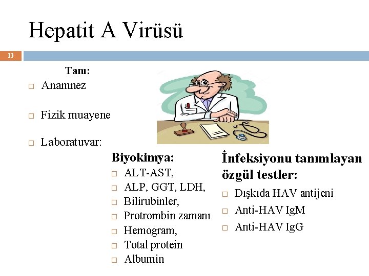 Hepatit A Virüsü 13 Tanı: Anamnez Fizik muayene Laboratuvar: Biyokimya: ALT-AST, ALP, GGT, LDH,