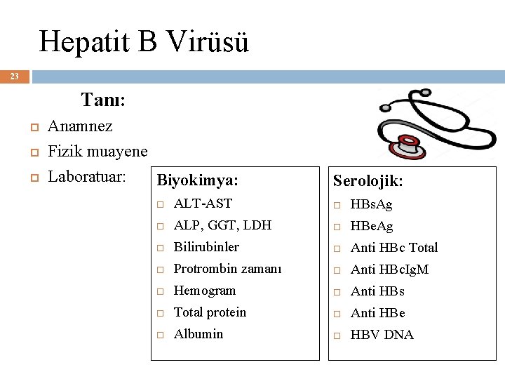 Hepatit B Virüsü 23 Tanı: Anamnez Fizik muayene Laboratuar: Biyokimya: Serolojik: ALT-AST HBs. Ag