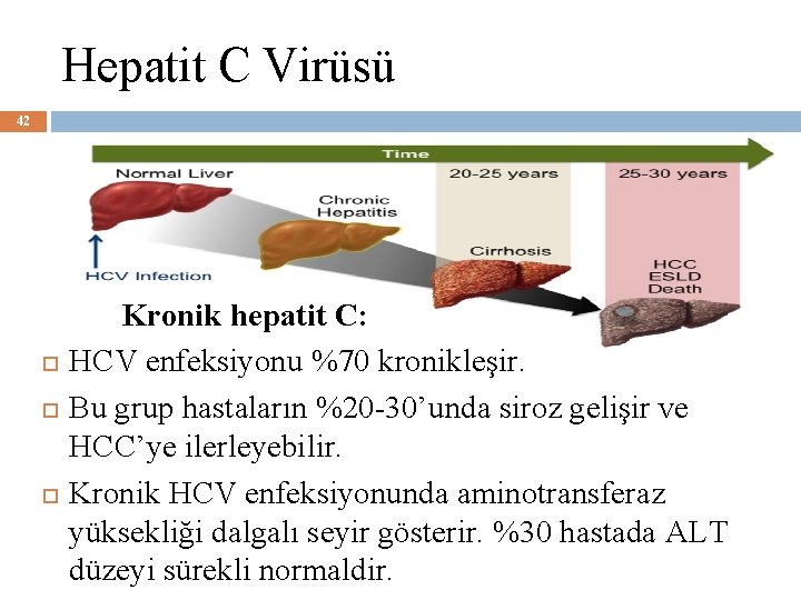 Hepatit C Virüsü 42 Kronik hepatit C: HCV enfeksiyonu %70 kronikleşir. Bu grup hastaların