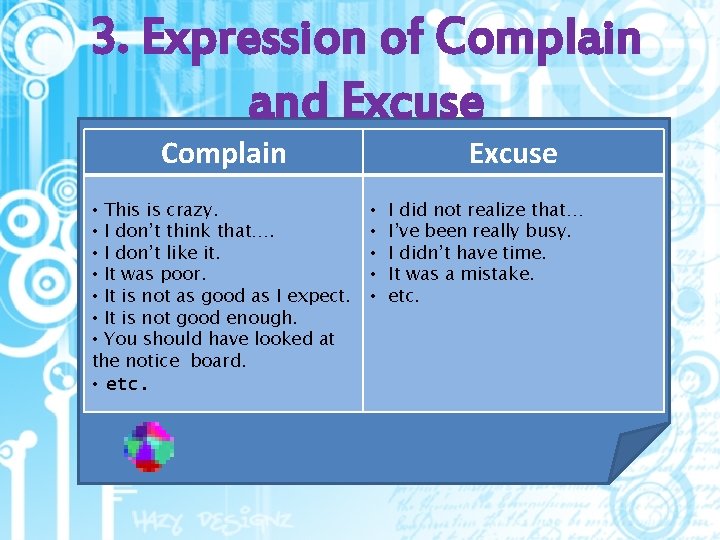 3. Expression of Complain and Excuse Complain • This is crazy. • I don’t